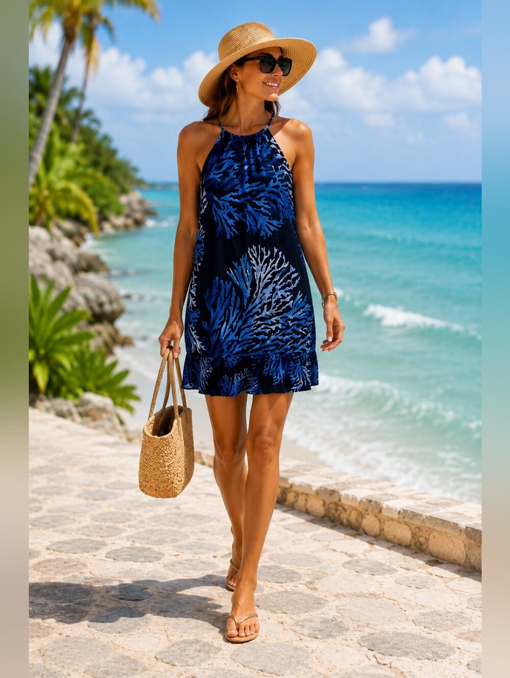 Michael Kors Navy & Bright Blue Chain-Detail Halter Dress